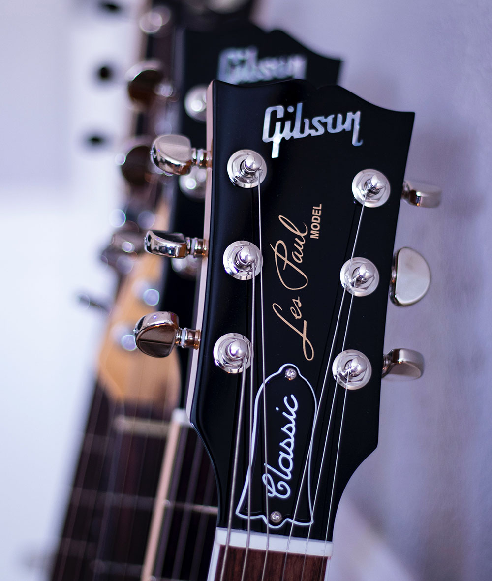 A close-up shot of a Gibson Les Paul head