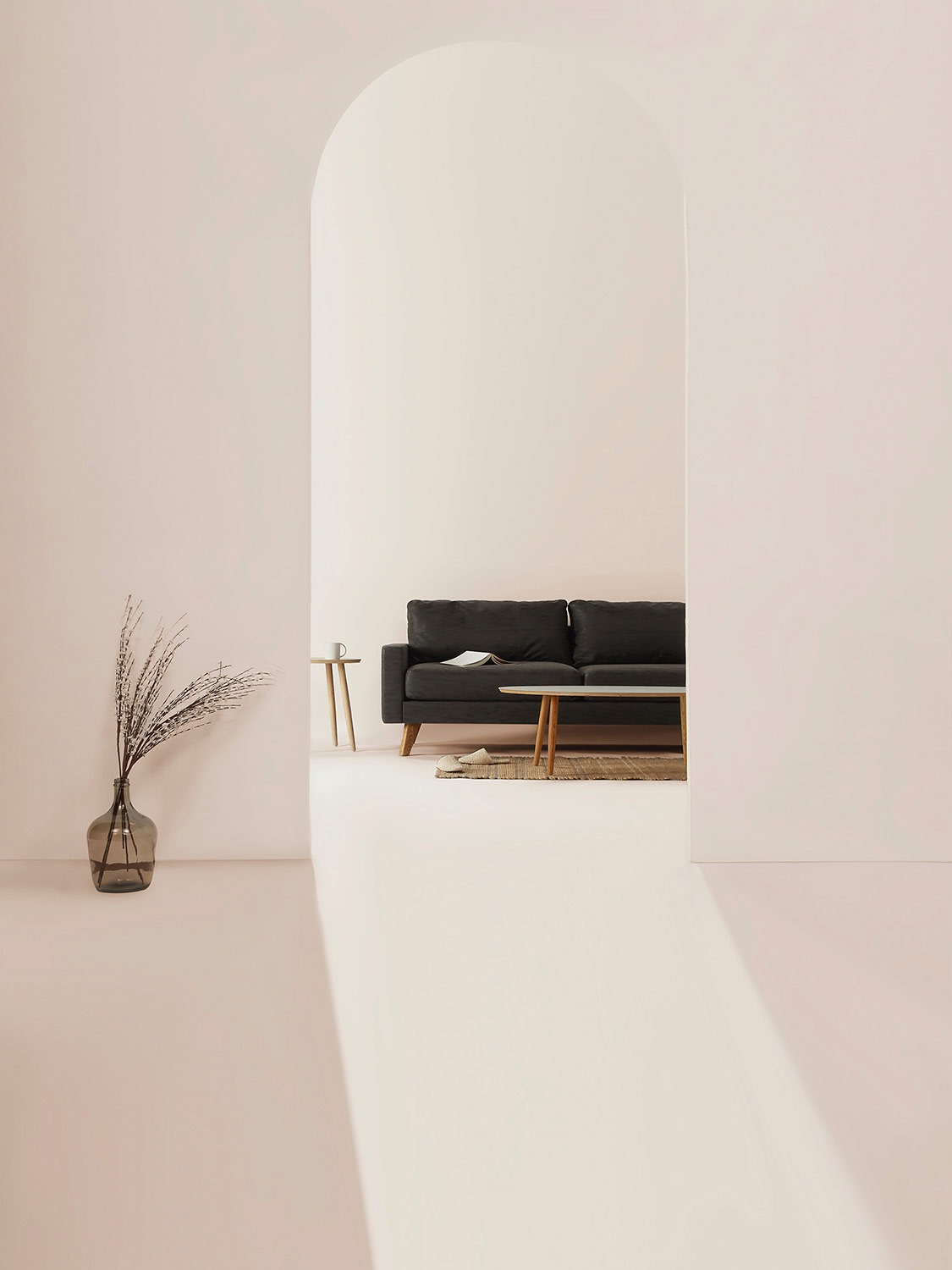 Black sofa and white desk