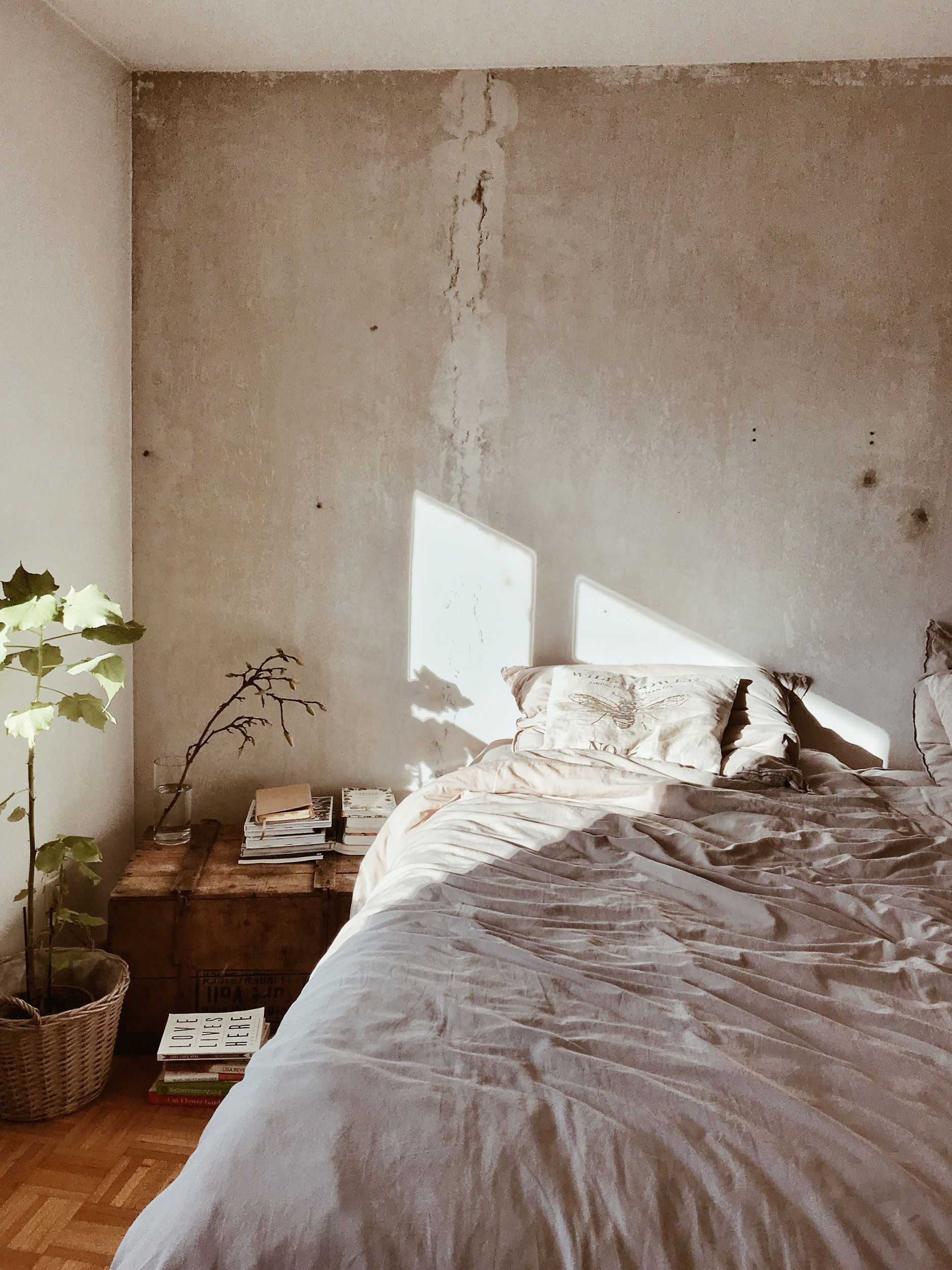Minimal rustic bedroom with linen bed, plant, books and sunlight